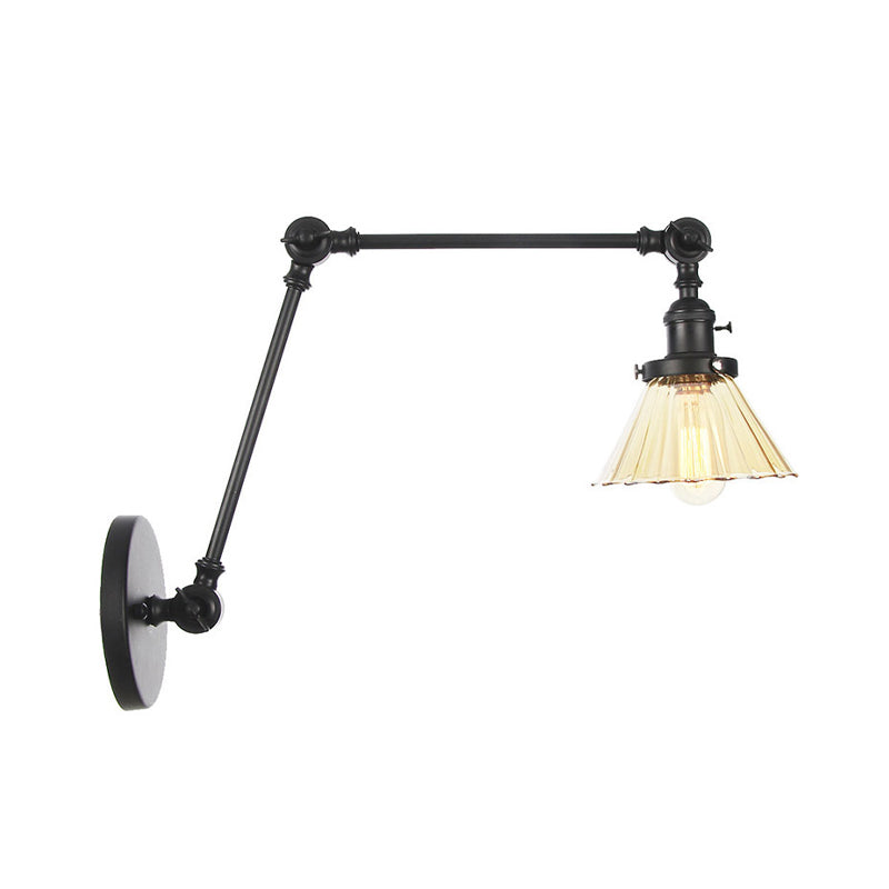 Industrial Cone Wall Mounted Light 1 Light Clear/Amber Glass Sconce in Black/Bronze/Brass with Arm, 8"+8"/8"+8"+8" Long Clearhalo 'Art deco wall lights' 'Cast Iron' 'Glass' 'Industrial wall lights' 'Industrial' 'Middle century wall lights' 'Modern' 'Rustic wall lights' 'Tiffany' 'Traditional wall lights' 'Wall Lamps & Sconces' 'Wall Lights' Lighting' 315272