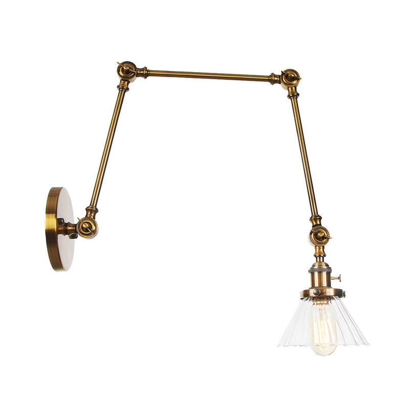 Industrial Cone Wall Mounted Light 1 Light Clear/Amber Glass Sconce in Black/Bronze/Brass with Arm, 8"+8"/8"+8"+8" Long Clearhalo 'Art deco wall lights' 'Cast Iron' 'Glass' 'Industrial wall lights' 'Industrial' 'Middle century wall lights' 'Modern' 'Rustic wall lights' 'Tiffany' 'Traditional wall lights' 'Wall Lamps & Sconces' 'Wall Lights' Lighting' 315275