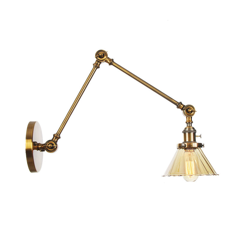 Industrial Cone Wall Mounted Light 1 Light Clear/Amber Glass Sconce in Black/Bronze/Brass with Arm, 8"+8"/8"+8"+8" Long Clearhalo 'Art deco wall lights' 'Cast Iron' 'Glass' 'Industrial wall lights' 'Industrial' 'Middle century wall lights' 'Modern' 'Rustic wall lights' 'Tiffany' 'Traditional wall lights' 'Wall Lamps & Sconces' 'Wall Lights' Lighting' 315277