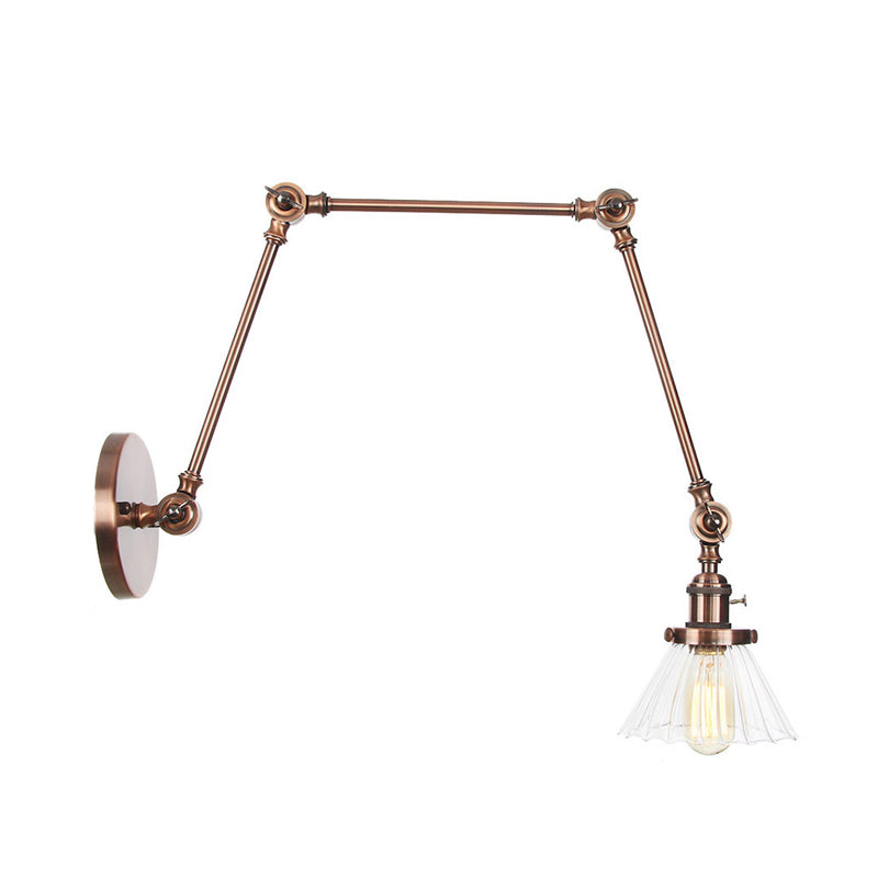 Industrial Cone Wall Mounted Light 1 Light Clear/Amber Glass Sconce in Black/Bronze/Brass with Arm, 8"+8"/8"+8"+8" Long Clearhalo 'Art deco wall lights' 'Cast Iron' 'Glass' 'Industrial wall lights' 'Industrial' 'Middle century wall lights' 'Modern' 'Rustic wall lights' 'Tiffany' 'Traditional wall lights' 'Wall Lamps & Sconces' 'Wall Lights' Lighting' 315278