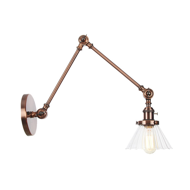 Industrial Cone Wall Mounted Light 1 Light Clear/Amber Glass Sconce in Black/Bronze/Brass with Arm, 8"+8"/8"+8"+8" Long Clearhalo 'Art deco wall lights' 'Cast Iron' 'Glass' 'Industrial wall lights' 'Industrial' 'Middle century wall lights' 'Modern' 'Rustic wall lights' 'Tiffany' 'Traditional wall lights' 'Wall Lamps & Sconces' 'Wall Lights' Lighting' 315281