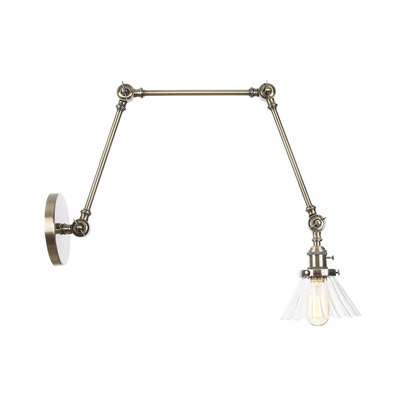 Industrial Cone Wall Mounted Light 1 Light Clear/Amber Glass Sconce in Black/Bronze/Brass with Arm, 8"+8"/8"+8"+8" Long Clearhalo 'Art deco wall lights' 'Cast Iron' 'Glass' 'Industrial wall lights' 'Industrial' 'Middle century wall lights' 'Modern' 'Rustic wall lights' 'Tiffany' 'Traditional wall lights' 'Wall Lamps & Sconces' 'Wall Lights' Lighting' 315282