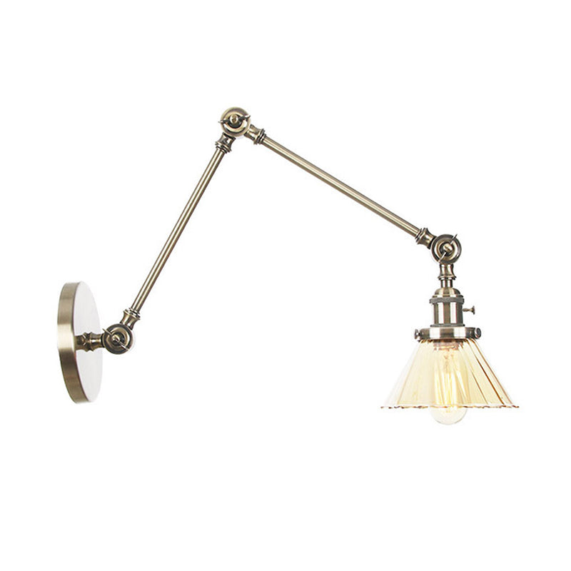 Industrial Cone Wall Mounted Light 1 Light Clear/Amber Glass Sconce in Black/Bronze/Brass with Arm, 8"+8"/8"+8"+8" Long Clearhalo 'Art deco wall lights' 'Cast Iron' 'Glass' 'Industrial wall lights' 'Industrial' 'Middle century wall lights' 'Modern' 'Rustic wall lights' 'Tiffany' 'Traditional wall lights' 'Wall Lamps & Sconces' 'Wall Lights' Lighting' 315284