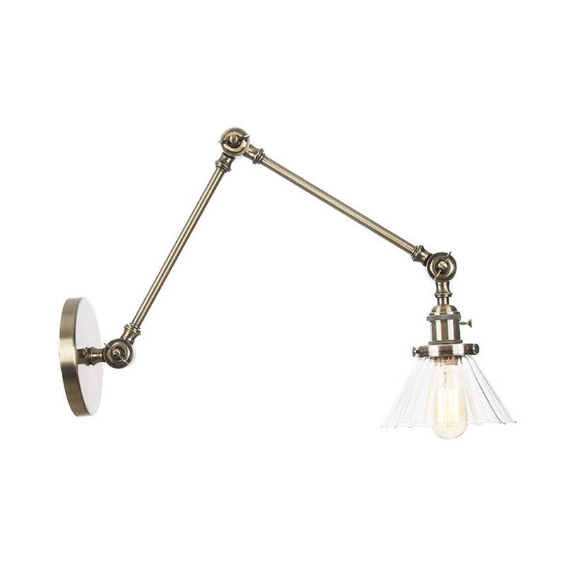 Industrial Cone Wall Mounted Light 1 Light Clear/Amber Glass Sconce in Black/Bronze/Brass with Arm, 8"+8"/8"+8"+8" Long Clearhalo 'Art deco wall lights' 'Cast Iron' 'Glass' 'Industrial wall lights' 'Industrial' 'Middle century wall lights' 'Modern' 'Rustic wall lights' 'Tiffany' 'Traditional wall lights' 'Wall Lamps & Sconces' 'Wall Lights' Lighting' 315285