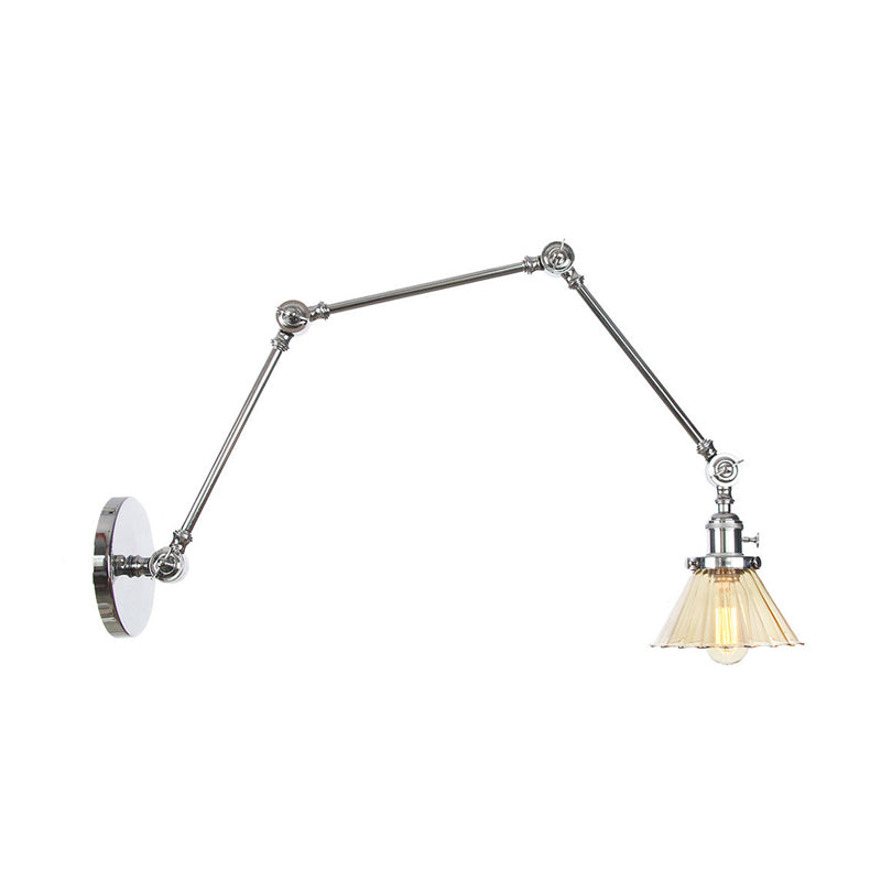 Industrial Cone Wall Mounted Light 1 Light Clear/Amber Glass Sconce in Black/Bronze/Brass with Arm, 8"+8"/8"+8"+8" Long Clearhalo 'Art deco wall lights' 'Cast Iron' 'Glass' 'Industrial wall lights' 'Industrial' 'Middle century wall lights' 'Modern' 'Rustic wall lights' 'Tiffany' 'Traditional wall lights' 'Wall Lamps & Sconces' 'Wall Lights' Lighting' 315286