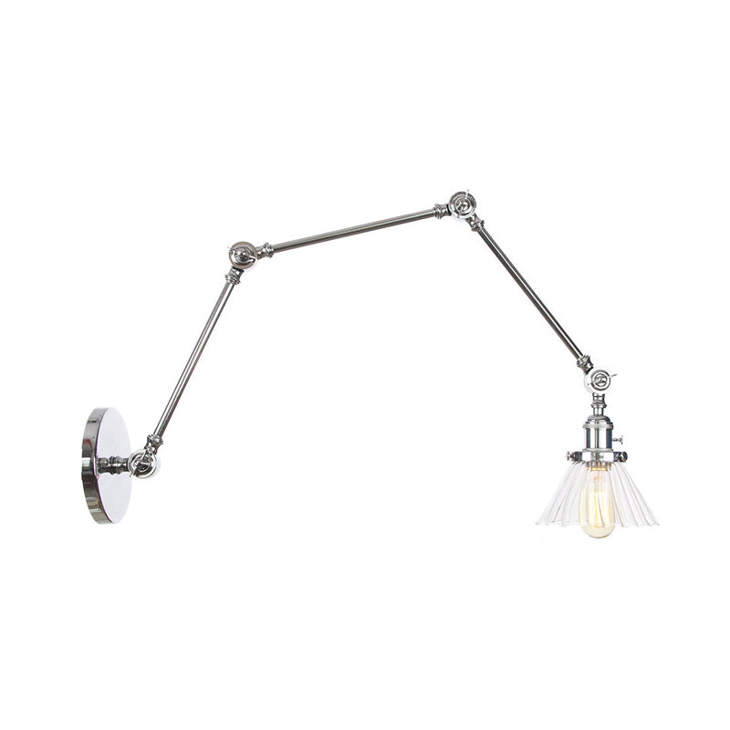 Industrial Cone Wall Mounted Light 1 Light Clear/Amber Glass Sconce in Black/Bronze/Brass with Arm, 8"+8"/8"+8"+8" Long Clearhalo 'Art deco wall lights' 'Cast Iron' 'Glass' 'Industrial wall lights' 'Industrial' 'Middle century wall lights' 'Modern' 'Rustic wall lights' 'Tiffany' 'Traditional wall lights' 'Wall Lamps & Sconces' 'Wall Lights' Lighting' 315287