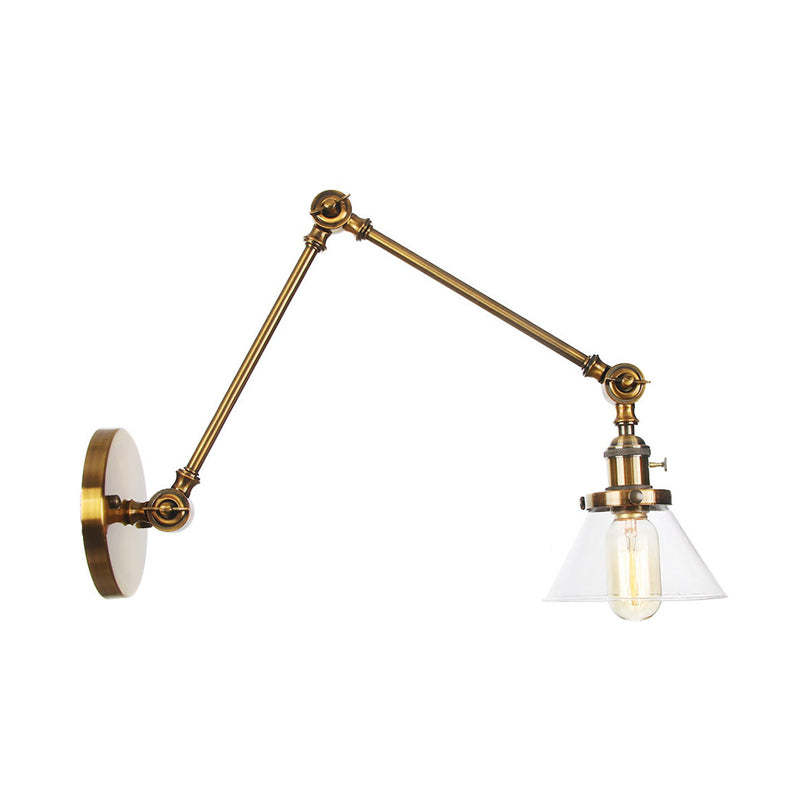 1 Light Wall Lamp Industrial Conical Clear/Amber Glass Sconce in Black/Bronze/Brass with Adjustable Arm, 8“+8"/8"+8"+8" Long Clearhalo 'Art deco wall lights' 'Cast Iron' 'Glass' 'Industrial wall lights' 'Industrial' 'Middle century wall lights' 'Modern' 'Rustic wall lights' 'Tiffany' 'Traditional wall lights' 'Wall Lamps & Sconces' 'Wall Lights' Lighting' 315295