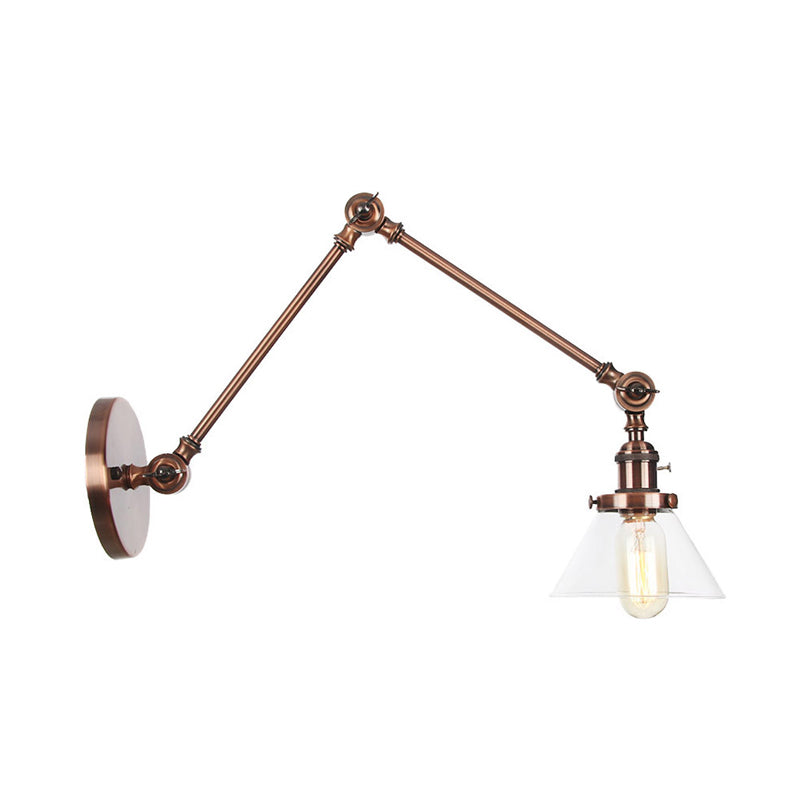 1 Light Wall Lamp Industrial Conical Clear/Amber Glass Sconce in Black/Bronze/Brass with Adjustable Arm, 8“+8"/8"+8"+8" Long Clearhalo 'Art deco wall lights' 'Cast Iron' 'Glass' 'Industrial wall lights' 'Industrial' 'Middle century wall lights' 'Modern' 'Rustic wall lights' 'Tiffany' 'Traditional wall lights' 'Wall Lamps & Sconces' 'Wall Lights' Lighting' 315299