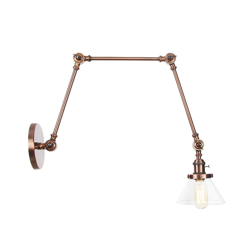 1 Light Wall Lamp Industrial Conical Clear/Amber Glass Sconce in Black/Bronze/Brass with Adjustable Arm, 8“+8"/8"+8"+8" Long Clearhalo 'Art deco wall lights' 'Cast Iron' 'Glass' 'Industrial wall lights' 'Industrial' 'Middle century wall lights' 'Modern' 'Rustic wall lights' 'Tiffany' 'Traditional wall lights' 'Wall Lamps & Sconces' 'Wall Lights' Lighting' 315300