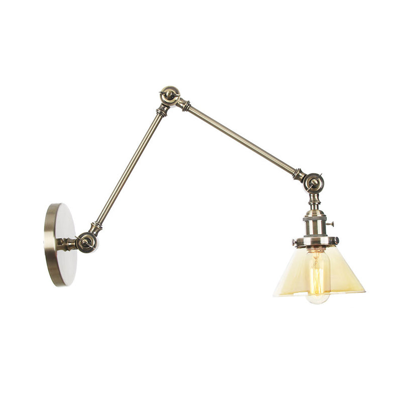 1 Light Wall Lamp Industrial Conical Clear/Amber Glass Sconce in Black/Bronze/Brass with Adjustable Arm, 8“+8"/8"+8"+8" Long Clearhalo 'Art deco wall lights' 'Cast Iron' 'Glass' 'Industrial wall lights' 'Industrial' 'Middle century wall lights' 'Modern' 'Rustic wall lights' 'Tiffany' 'Traditional wall lights' 'Wall Lamps & Sconces' 'Wall Lights' Lighting' 315302