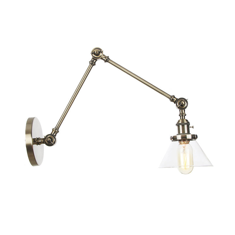 1 Light Wall Lamp Industrial Conical Clear/Amber Glass Sconce in Black/Bronze/Brass with Adjustable Arm, 8“+8"/8"+8"+8" Long Clearhalo 'Art deco wall lights' 'Cast Iron' 'Glass' 'Industrial wall lights' 'Industrial' 'Middle century wall lights' 'Modern' 'Rustic wall lights' 'Tiffany' 'Traditional wall lights' 'Wall Lamps & Sconces' 'Wall Lights' Lighting' 315303