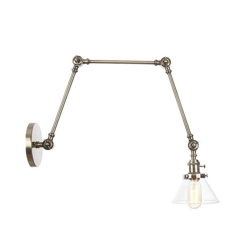1 Light Wall Lamp Industrial Conical Clear/Amber Glass Sconce in Black/Bronze/Brass with Adjustable Arm, 8“+8"/8"+8"+8" Long Clearhalo 'Art deco wall lights' 'Cast Iron' 'Glass' 'Industrial wall lights' 'Industrial' 'Middle century wall lights' 'Modern' 'Rustic wall lights' 'Tiffany' 'Traditional wall lights' 'Wall Lamps & Sconces' 'Wall Lights' Lighting' 315305