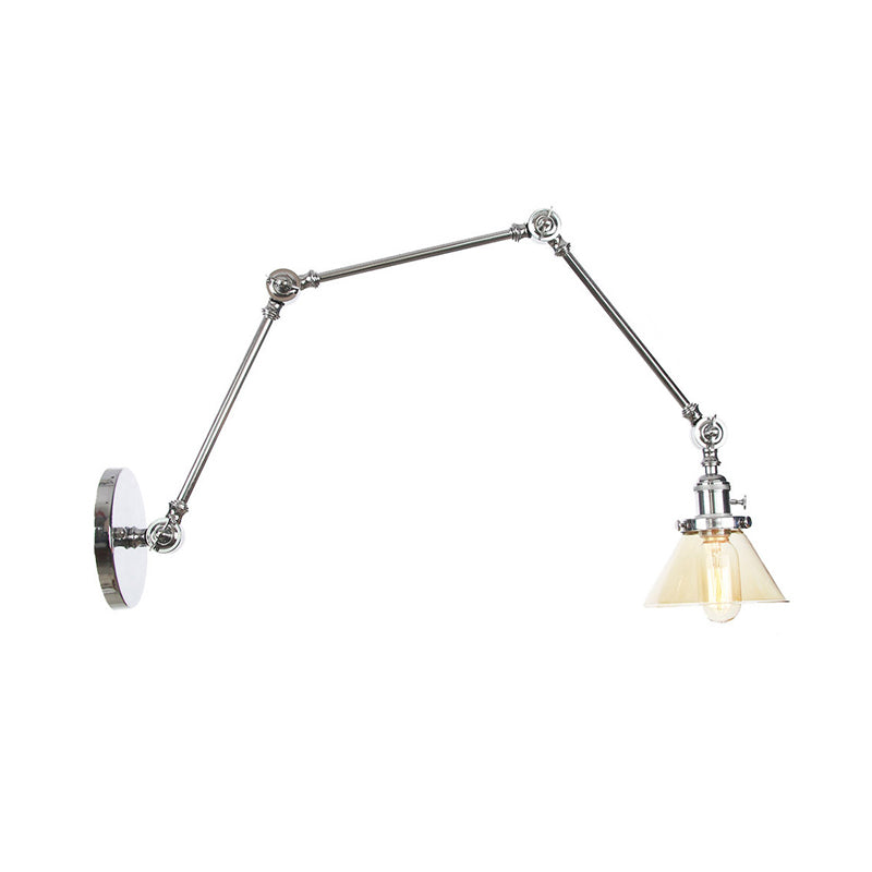1 Light Wall Lamp Industrial Conical Clear/Amber Glass Sconce in Black/Bronze/Brass with Adjustable Arm, 8“+8"/8"+8"+8" Long Clearhalo 'Art deco wall lights' 'Cast Iron' 'Glass' 'Industrial wall lights' 'Industrial' 'Middle century wall lights' 'Modern' 'Rustic wall lights' 'Tiffany' 'Traditional wall lights' 'Wall Lamps & Sconces' 'Wall Lights' Lighting' 315306