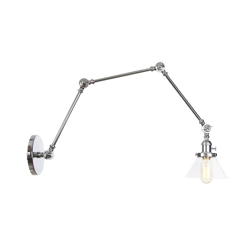 1 Light Wall Lamp Industrial Conical Clear/Amber Glass Sconce in Black/Bronze/Brass with Adjustable Arm, 8“+8"/8"+8"+8" Long Clearhalo 'Art deco wall lights' 'Cast Iron' 'Glass' 'Industrial wall lights' 'Industrial' 'Middle century wall lights' 'Modern' 'Rustic wall lights' 'Tiffany' 'Traditional wall lights' 'Wall Lamps & Sconces' 'Wall Lights' Lighting' 315307