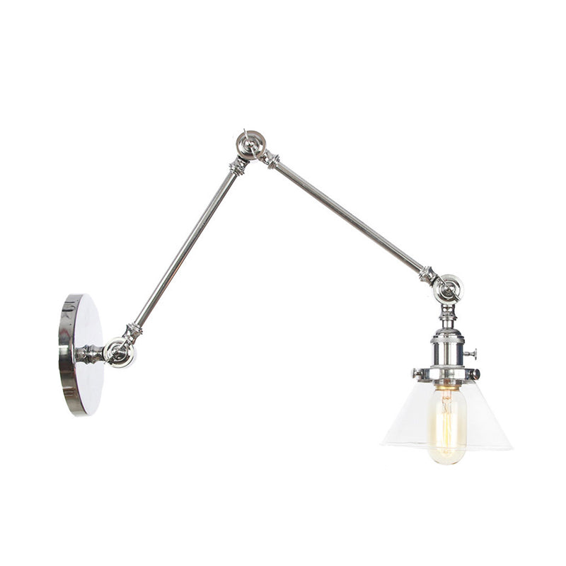 1 Light Wall Lamp Industrial Conical Clear/Amber Glass Sconce in Black/Bronze/Brass with Adjustable Arm, 8“+8"/8"+8"+8" Long Clearhalo 'Art deco wall lights' 'Cast Iron' 'Glass' 'Industrial wall lights' 'Industrial' 'Middle century wall lights' 'Modern' 'Rustic wall lights' 'Tiffany' 'Traditional wall lights' 'Wall Lamps & Sconces' 'Wall Lights' Lighting' 315308