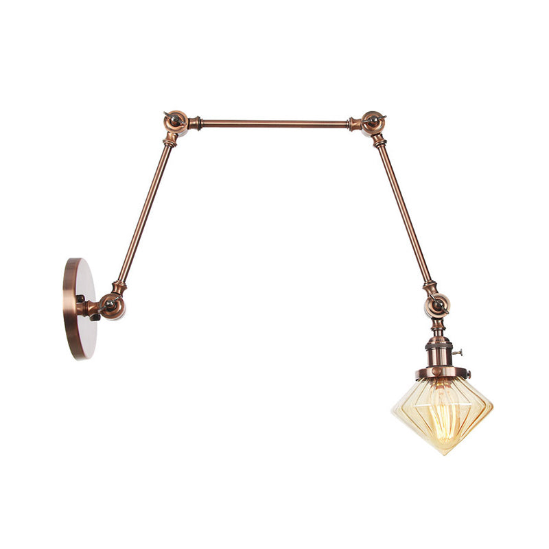 1 Light Dining Room Sconce Light Vintage Black/Bronze/Brass Wall Mounted Lamp with Diamond Clear/Amber Glass Shade, 8"+8"/8"+8"+8" L Adjustable Arm Clearhalo 'Art deco wall lights' 'Cast Iron' 'Glass' 'Industrial wall lights' 'Industrial' 'Middle century wall lights' 'Modern' 'Rustic wall lights' 'Tiffany' 'Traditional wall lights' 'Wall Lamps & Sconces' 'Wall Lights' Lighting' 315318