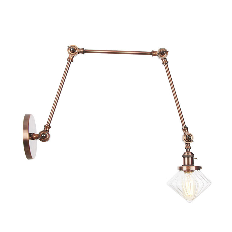1 Light Dining Room Sconce Light Vintage Black/Bronze/Brass Wall Mounted Lamp with Diamond Clear/Amber Glass Shade, 8"+8"/8"+8"+8" L Adjustable Arm Clearhalo 'Art deco wall lights' 'Cast Iron' 'Glass' 'Industrial wall lights' 'Industrial' 'Middle century wall lights' 'Modern' 'Rustic wall lights' 'Tiffany' 'Traditional wall lights' 'Wall Lamps & Sconces' 'Wall Lights' Lighting' 315319