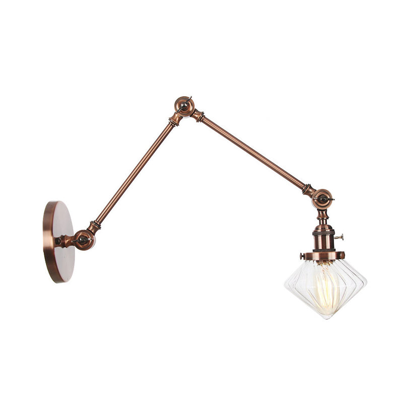 1 Light Dining Room Sconce Light Vintage Black/Bronze/Brass Wall Mounted Lamp with Diamond Clear/Amber Glass Shade, 8"+8"/8"+8"+8" L Adjustable Arm Clearhalo 'Art deco wall lights' 'Cast Iron' 'Glass' 'Industrial wall lights' 'Industrial' 'Middle century wall lights' 'Modern' 'Rustic wall lights' 'Tiffany' 'Traditional wall lights' 'Wall Lamps & Sconces' 'Wall Lights' Lighting' 315321