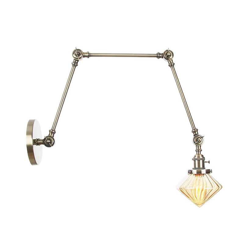 1 Light Dining Room Sconce Light Vintage Black/Bronze/Brass Wall Mounted Lamp with Diamond Clear/Amber Glass Shade, 8"+8"/8"+8"+8" L Adjustable Arm Clearhalo 'Art deco wall lights' 'Cast Iron' 'Glass' 'Industrial wall lights' 'Industrial' 'Middle century wall lights' 'Modern' 'Rustic wall lights' 'Tiffany' 'Traditional wall lights' 'Wall Lamps & Sconces' 'Wall Lights' Lighting' 315322