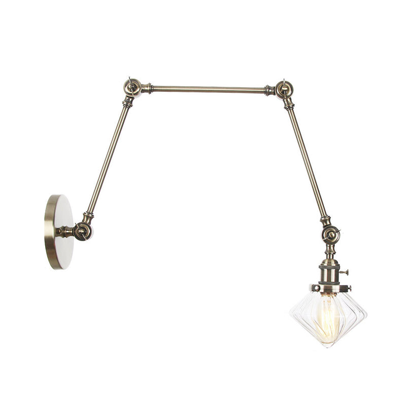 1 Light Dining Room Sconce Light Vintage Black/Bronze/Brass Wall Mounted Lamp with Diamond Clear/Amber Glass Shade, 8"+8"/8"+8"+8" L Adjustable Arm Clearhalo 'Art deco wall lights' 'Cast Iron' 'Glass' 'Industrial wall lights' 'Industrial' 'Middle century wall lights' 'Modern' 'Rustic wall lights' 'Tiffany' 'Traditional wall lights' 'Wall Lamps & Sconces' 'Wall Lights' Lighting' 315323