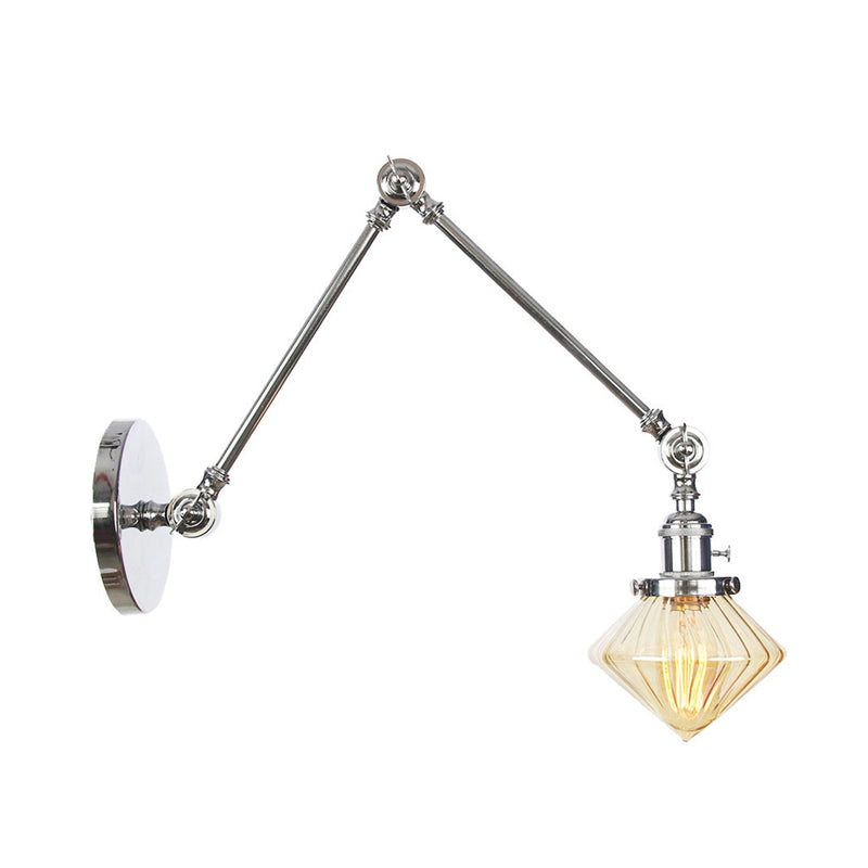 1 Light Dining Room Sconce Light Vintage Black/Bronze/Brass Wall Mounted Lamp with Diamond Clear/Amber Glass Shade, 8"+8"/8"+8"+8" L Adjustable Arm Clearhalo 'Art deco wall lights' 'Cast Iron' 'Glass' 'Industrial wall lights' 'Industrial' 'Middle century wall lights' 'Modern' 'Rustic wall lights' 'Tiffany' 'Traditional wall lights' 'Wall Lamps & Sconces' 'Wall Lights' Lighting' 315329