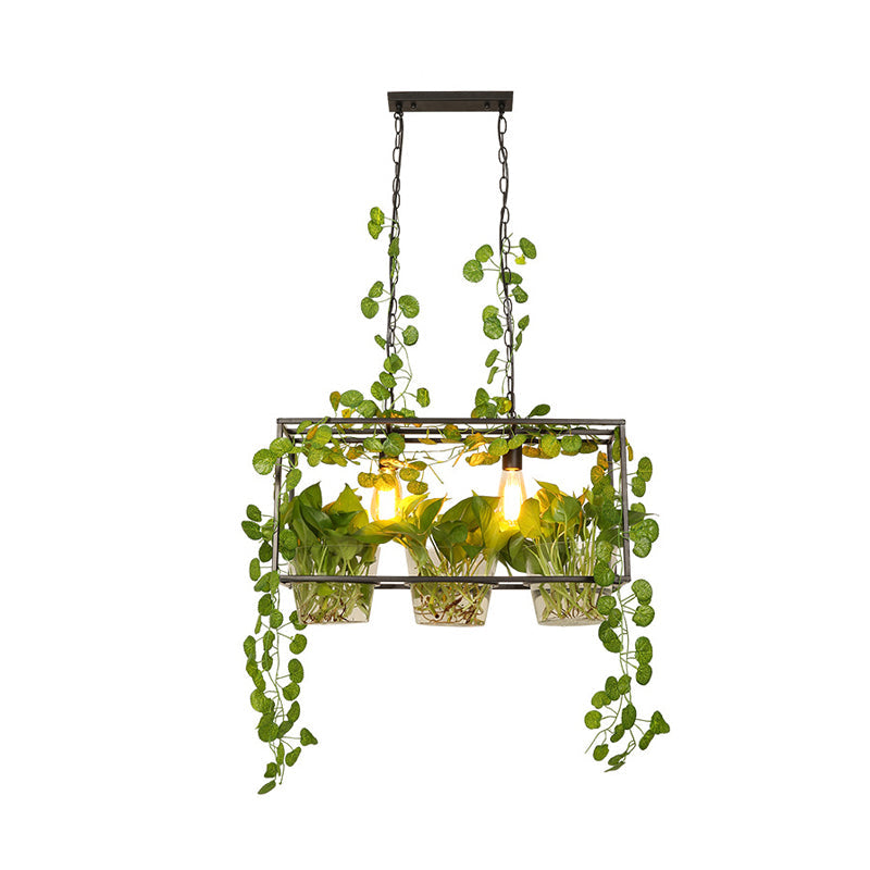 Rustic Rectangle Island Pendant 3 Lights Metal Billiard Lamp in Black for Restaurant with Green Leaves Deco Clearhalo 'Ceiling Lights' 'Island Lights' Lighting' 315386