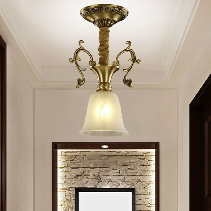 Brass 1 Head Hanging Lighting Colonial White Frosted Glass Bowl/Dome/Trapezoid Ceiling Suspension Lamp for Porch Brass Trumpet Clearhalo 'Ceiling Lights' 'Close To Ceiling Lights' 'Glass shade' 'Glass' 'Pendant Lights' 'Pendants' Lighting' 315720