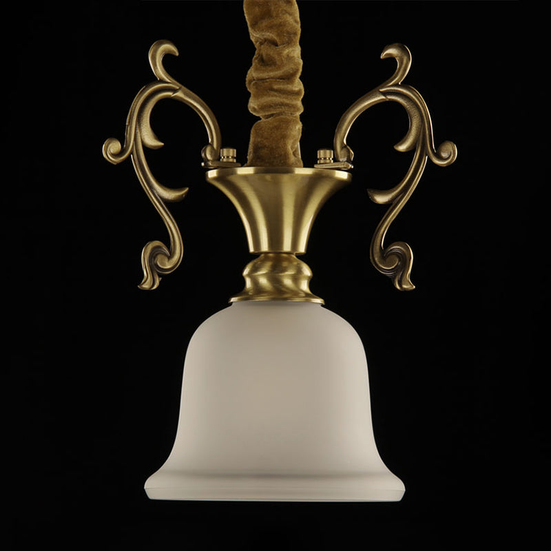 Brass 1 Head Hanging Lighting Colonial White Frosted Glass Bowl/Dome/Trapezoid Ceiling Suspension Lamp for Porch Clearhalo 'Ceiling Lights' 'Close To Ceiling Lights' 'Glass shade' 'Glass' 'Pendant Lights' 'Pendants' Lighting' 315723