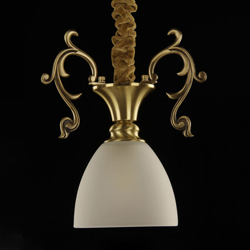 Brass 1 Head Hanging Lighting Colonial White Frosted Glass Bowl/Dome/Trapezoid Ceiling Suspension Lamp for Porch Clearhalo 'Ceiling Lights' 'Close To Ceiling Lights' 'Glass shade' 'Glass' 'Pendant Lights' 'Pendants' Lighting' 315727