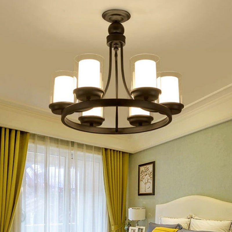 4/6/8 Bulbs Chandelier Lighting Traditional Cylindrical Clear Glass Pendant Ceiling Lamp in Black 6 Black Clearhalo 'Ceiling Lights' 'Chandeliers' 'Glass shade' 'Glass' Lighting' 315759