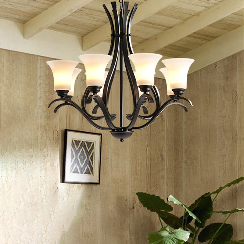 3/6/8 Bulbs Bell Chandelier Lighting Retro Black Finish Cream Glass Hanging Pendant Lamp for Living Room 8 Black Clearhalo 'Ceiling Lights' 'Chandeliers' 'Glass shade' 'Glass' Lighting' 315777