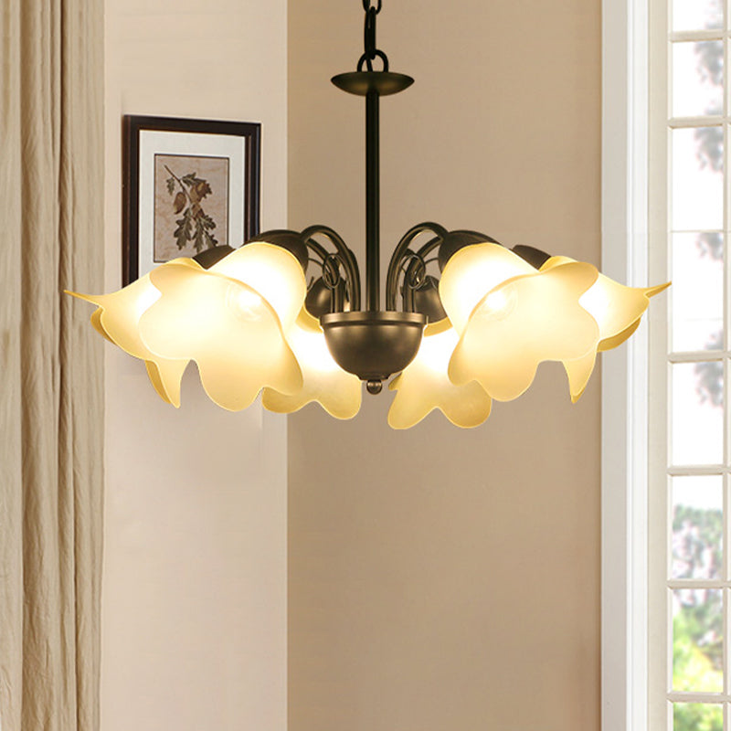 3/5/6 Bulbs Dining Room Chandelier Retro Black Finish Ceiling Pendant Lighting with Floral Shape Milky Glass Shade 6 Black Clearhalo 'Ceiling Lights' 'Chandeliers' 'Glass shade' 'Glass' Lighting' 315806