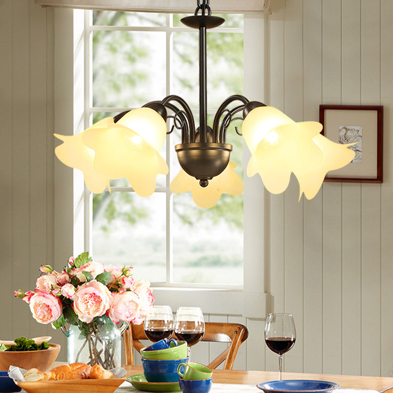 3/5/6 Bulbs Dining Room Chandelier Retro Black Finish Ceiling Pendant Lighting with Floral Shape Milky Glass Shade 5 Black Clearhalo 'Ceiling Lights' 'Chandeliers' 'Glass shade' 'Glass' Lighting' 315808