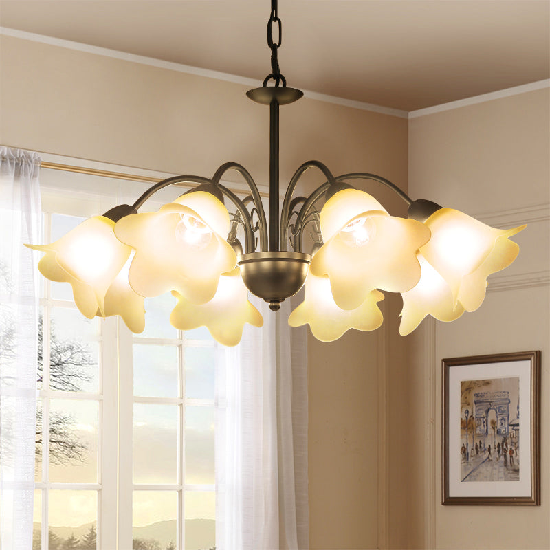 3/5/6 Bulbs Dining Room Chandelier Retro Black Finish Ceiling Pendant Lighting with Floral Shape Milky Glass Shade 8 Black Clearhalo 'Ceiling Lights' 'Chandeliers' 'Glass shade' 'Glass' Lighting' 315812