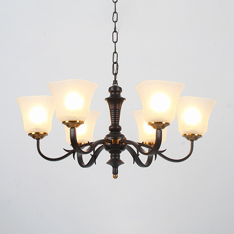 3/4/6 Bulbs Bedroom Ceiling Chandelier Retro Black Pendant Lighting with Bell Milky Frosted Glass Shade Clearhalo 'Ceiling Lights' 'Chandeliers' 'Glass shade' 'Glass' Lighting' 315821