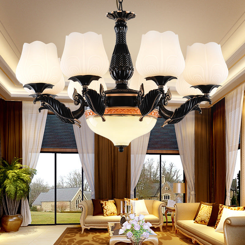 Black 4/6/7 Heads Chandelier Lighting Rural Metal Sputnik Suspension Pendant with Floral White Frosted Glass Shade 9 Black Clearhalo 'Ceiling Lights' 'Chandeliers' 'Close To Ceiling Lights' 'Glass shade' 'Glass' 'Island Lights' Lighting' 315848