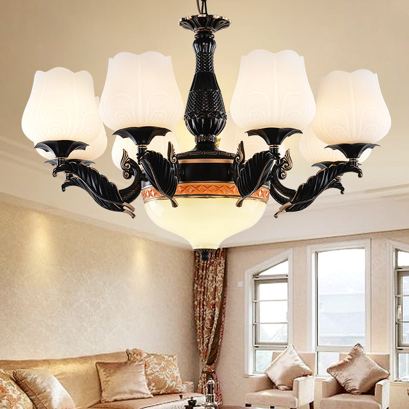 Black 4/6/7 Heads Chandelier Lighting Rural Metal Sputnik Suspension Pendant with Floral White Frosted Glass Shade Clearhalo 'Ceiling Lights' 'Chandeliers' 'Close To Ceiling Lights' 'Glass shade' 'Glass' 'Island Lights' Lighting' 315849