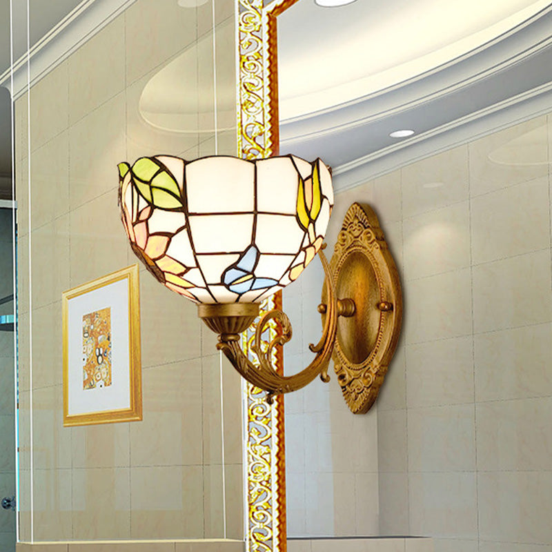 Grape/Blossom Vanity Lighting Fixture 1 Light Stained Art Glass Victorian Sconce Light in Brass for Bathroom Clearhalo 'Industrial' 'Middle century wall lights' 'Tiffany wall lights' 'Tiffany' 'Wall Lamps & Sconces' 'Wall Lights' Lighting' 316043