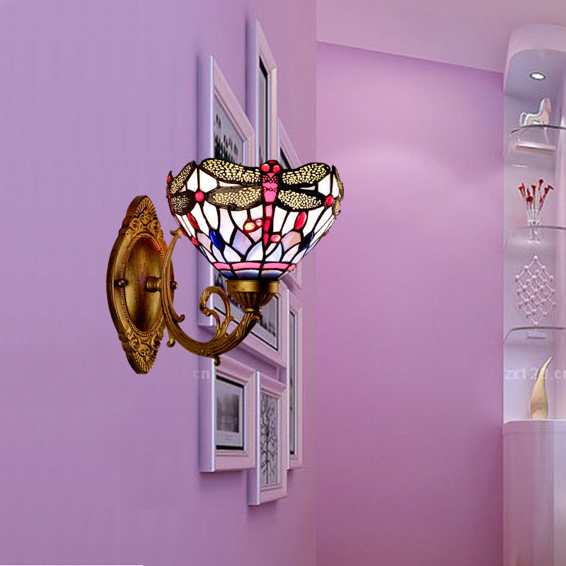 Brass Dragonfly Wall Mount Lamp Tiffany 1 Light Hand Cut Glass Sconce Light with Curving Arm Clearhalo 'Industrial' 'Middle century wall lights' 'Tiffany wall lights' 'Tiffany' 'Wall Lamps & Sconces' 'Wall Lights' Lighting' 316066