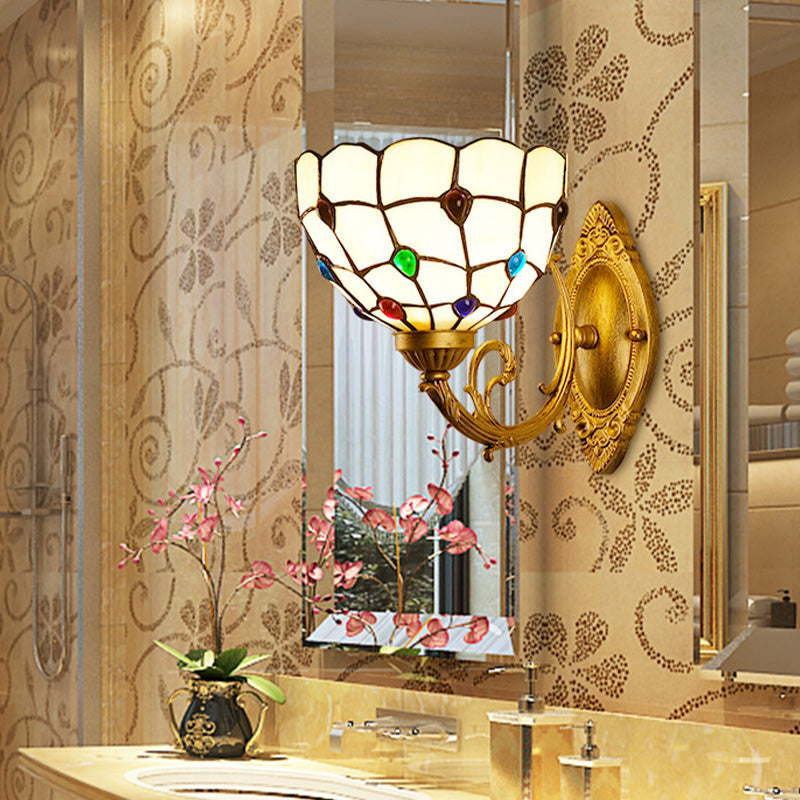 1 Light Bathroom Vanity Lamp Mediterranean Brass Sconce Light Fixture with Beaded White Glass Shade Clearhalo 'Industrial' 'Middle century wall lights' 'Tiffany wall lights' 'Tiffany' 'Wall Lamps & Sconces' 'Wall Lights' Lighting' 316072