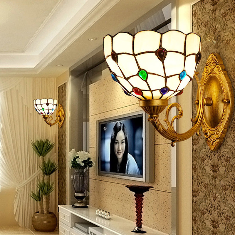 1 Light Bathroom Vanity Lamp Mediterranean Brass Sconce Light Fixture with Beaded White Glass Shade Clearhalo 'Industrial' 'Middle century wall lights' 'Tiffany wall lights' 'Tiffany' 'Wall Lamps & Sconces' 'Wall Lights' Lighting' 316073