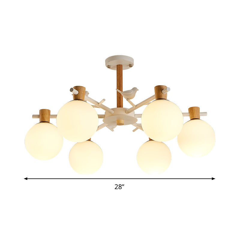 White Glass Sphere Hanging Chandelier Asian 6/8 Bulbs Pendant Lighting Fixture with Bird Clearhalo 'Ceiling Lights' 'Chandeliers' 'Close To Ceiling Lights' 'Glass shade' 'Glass' Lighting' 316425
