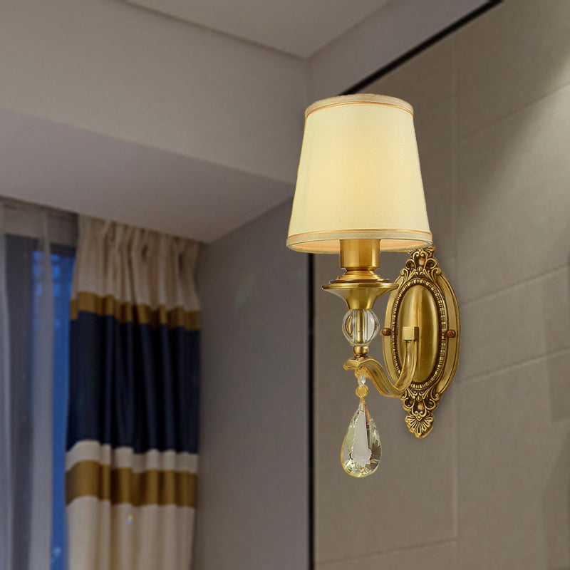 Traditionalism Conical Wall Mount Lamp 1/2 Heads Fabric Wall Sconce Lighting in Gold with Dangling Crystal 1.0 Gold Clearhalo 'Wall Lamps & Sconces' 'Wall Lights' Lighting' 317219