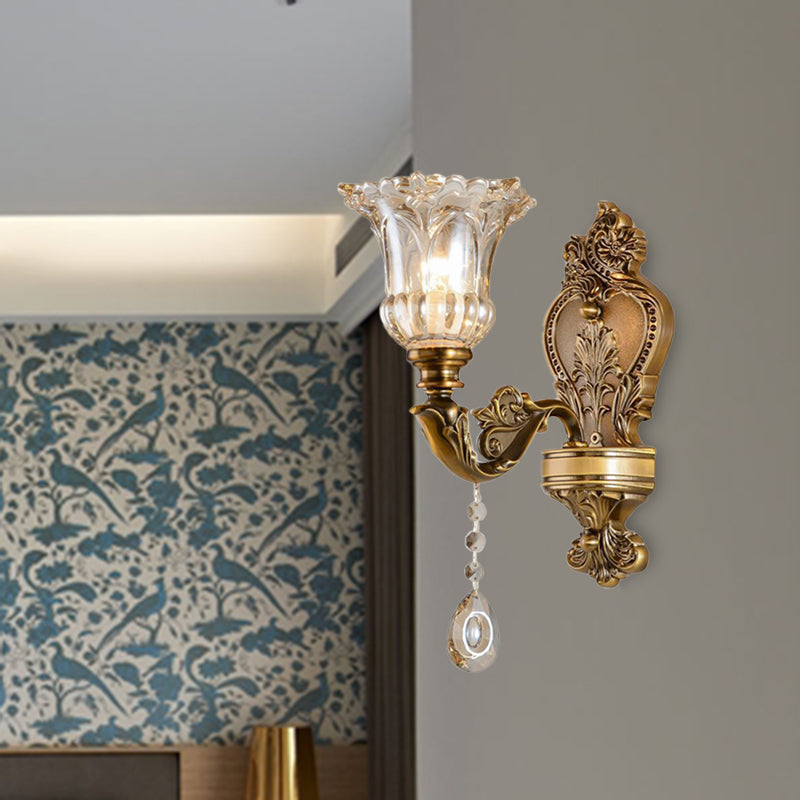 Vintage Floral Wall Mount Lamp 1/2 Heads Beveled Crystal Prism Wall Sconce Light in Brass 1.0 Brass Clearhalo 'Wall Lamps & Sconces' 'Wall Lights' Lighting' 317323