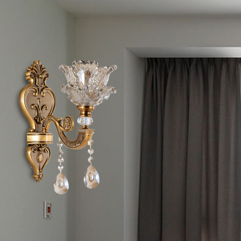 1/2 Bulbs Wall Light Sconce Traditional Living Room Wall Lighting Fixture with Blossom Water Glass Shade in Brass Clearhalo 'Wall Lamps & Sconces' 'Wall Lights' Lighting' 317332