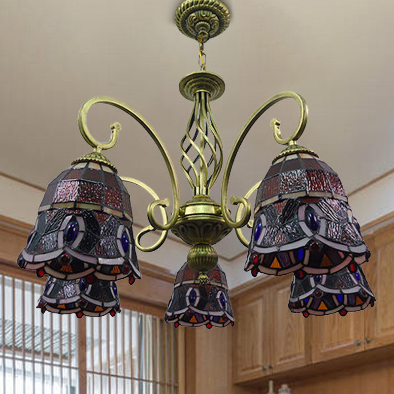 Scrolling Arm Chandelier Lamp Mediterranean Hand Cut Glass 5 Lights Red/Yellow/Blue Ceiling Pendant Light Clearhalo 'Ceiling Lights' 'Chandeliers' 'Close To Ceiling Lights' 'Industrial' 'Middle Century Chandeliers' 'Tiffany Chandeliers' 'Tiffany close to ceiling' 'Tiffany' Lighting' 317338