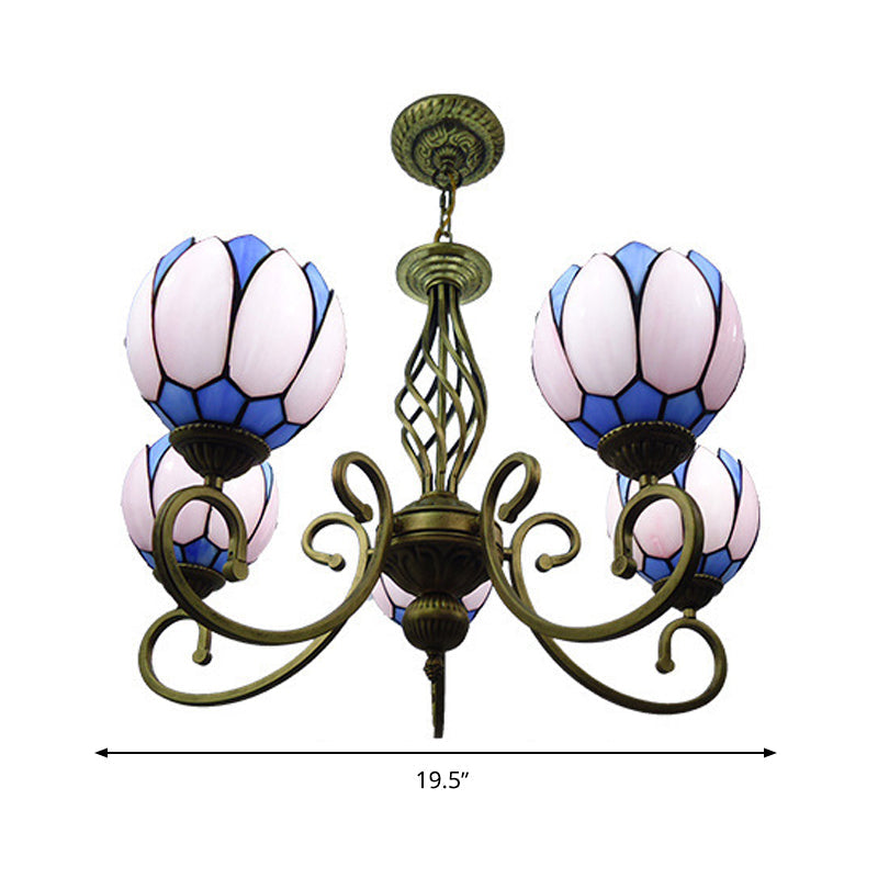 Scrolling Arm Chandelier Lamp Mediterranean Hand Cut Glass 5 Lights Red/Yellow/Blue Ceiling Pendant Light Clearhalo 'Ceiling Lights' 'Chandeliers' 'Close To Ceiling Lights' 'Industrial' 'Middle Century Chandeliers' 'Tiffany Chandeliers' 'Tiffany close to ceiling' 'Tiffany' Lighting' 317345