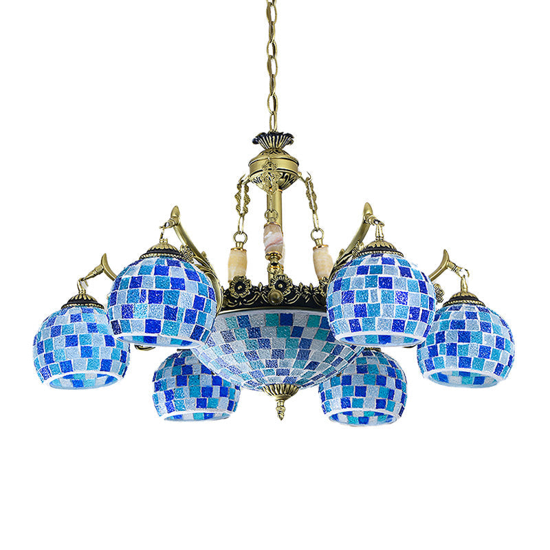 Stained Glass Globe Chandelier Pendant Light Mediterranean 5/9/11 Lights Blue Hanging Lamp Clearhalo 'Ceiling Lights' 'Chandeliers' 'Industrial' 'Middle Century Chandeliers' 'Tiffany Chandeliers' 'Tiffany close to ceiling' 'Tiffany' Lighting' 317574
