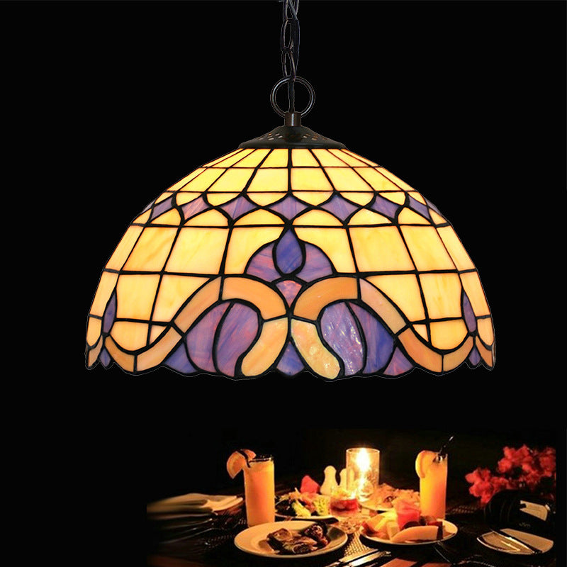 Domed Drop Pendant Tiffany-Style Blue Stained Glass 12"/16" W 1 Light Coffee Chandelier Light for Dining Room Clearhalo 'Ceiling Lights' 'Chandeliers' 'Industrial' 'Middle Century Chandeliers' 'Pendant Lights' 'Tiffany Chandeliers' 'Tiffany close to ceiling' 'Tiffany' Lighting' 317741