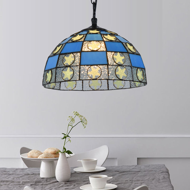 12"/16" Wide Black 1 Light Pendant Lighting Fixture Tiffany-Style Blue Glass Star Hanging Lamp Kit Clearhalo 'Ceiling Lights' 'Industrial' 'Middle Century Pendants' 'Pendant Lights' 'Pendants' 'Tiffany close to ceiling' 'Tiffany Pendants' 'Tiffany' Lighting' 317786